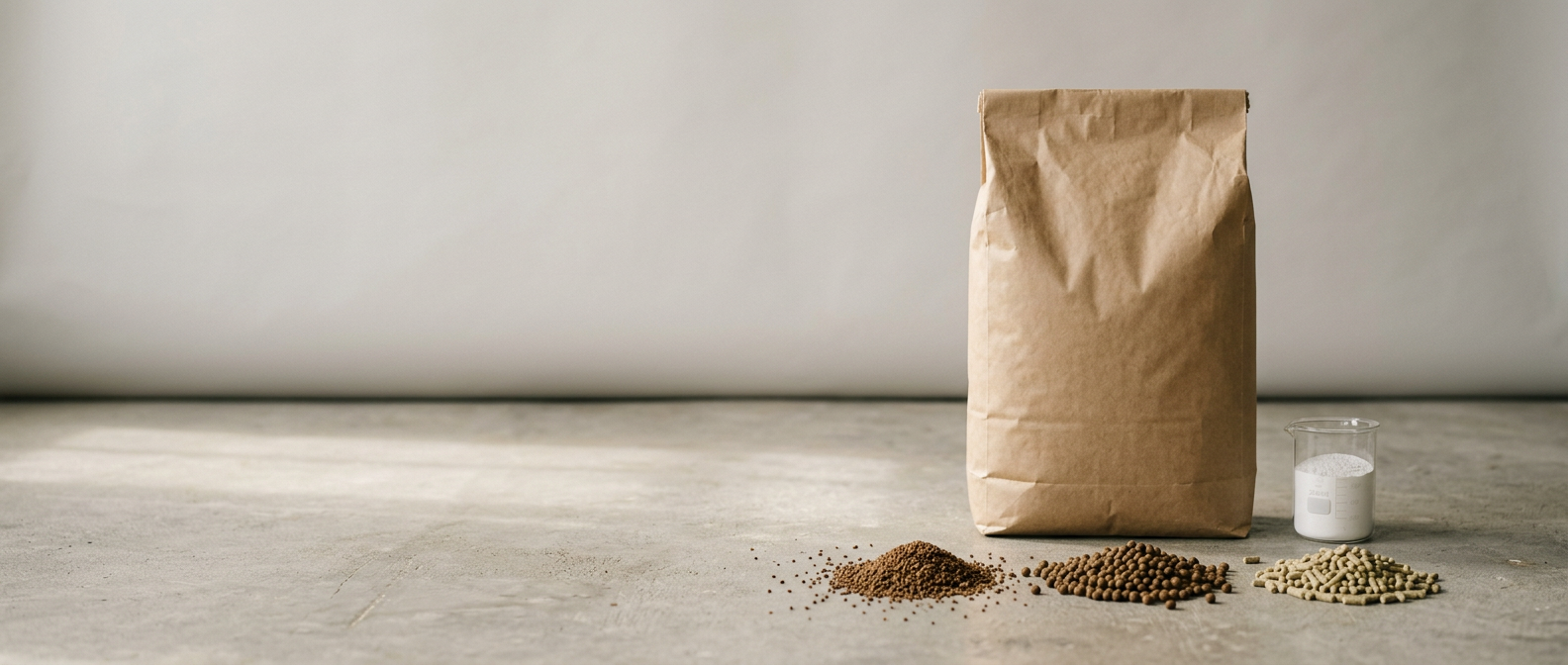 Kraft sack of Bellabind pellet binder beside a beaker of binder powder and heaps of fish, shrimp and animal feed pellets